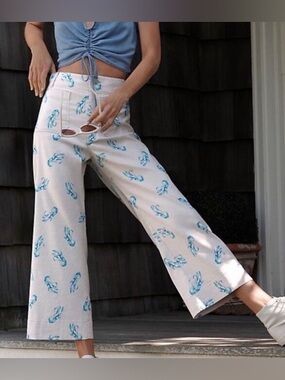 Anthropologie Maeve The Colette Wide Leg Pants in Blue Lobster Coastal Print 26